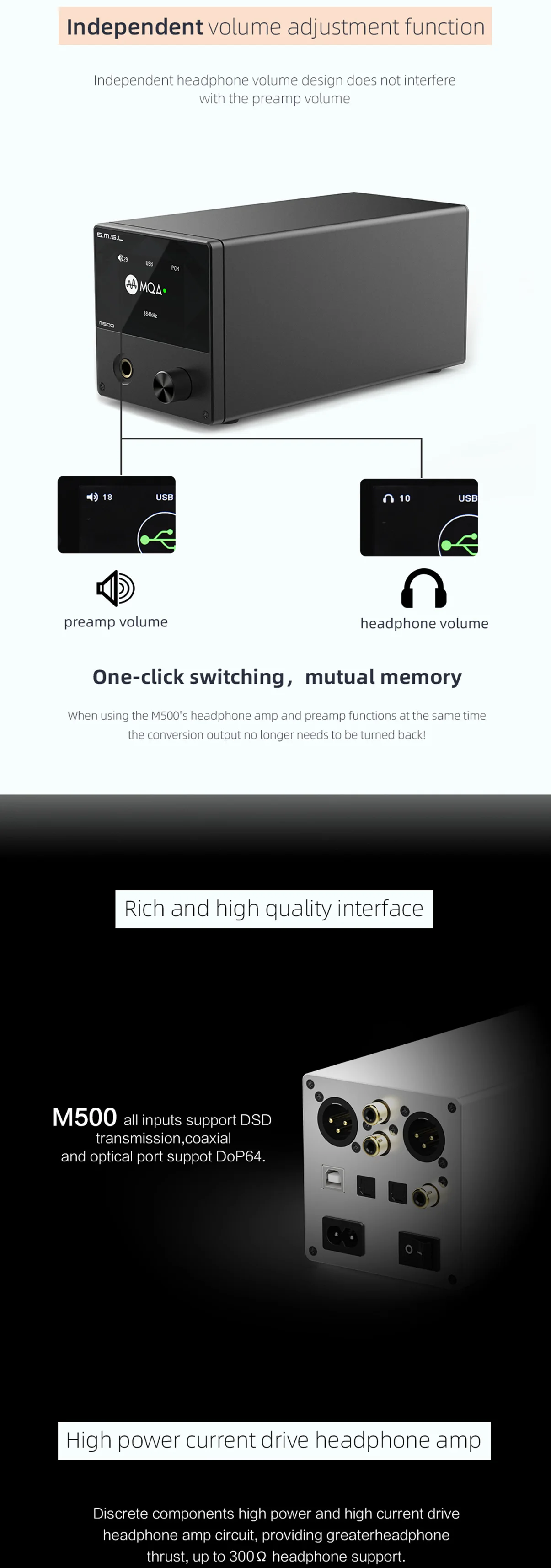 SMSL M500 MQA ЦАП для наушников Расшифровка усилителей USB ЦАП XMOS XU216 ES9038PRO DSD512 32 бит/768 кГц OPA1612 USB/OPT/коаксиальный вход