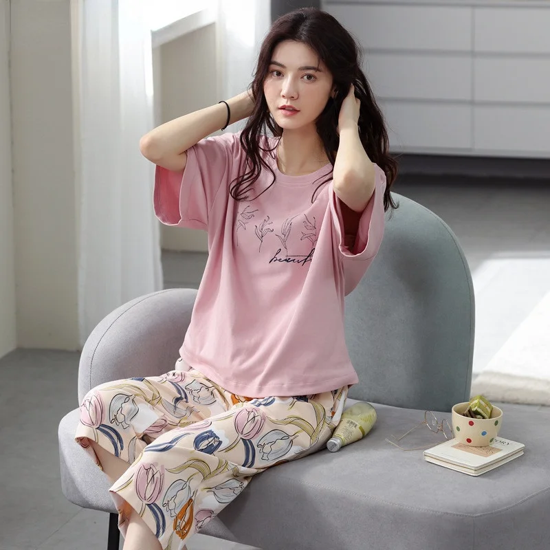 

Sets Elegant Nightwear Women Pajamas Calf-Length Pants Plus Size 3XL Home Sleepwear Summer Brand NEW Floral Print Women's Pajama