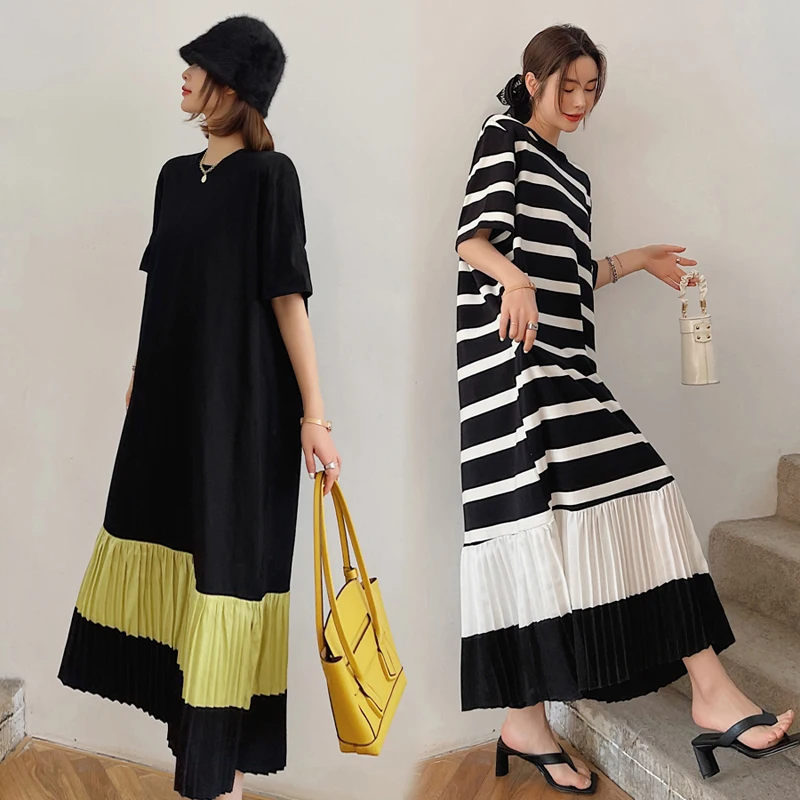 

2021 Korean New Summer Dress Loose Patchwork Creasing Hem Short Sleeve Woman Dress Vestidos Robe Elbise Long Dress