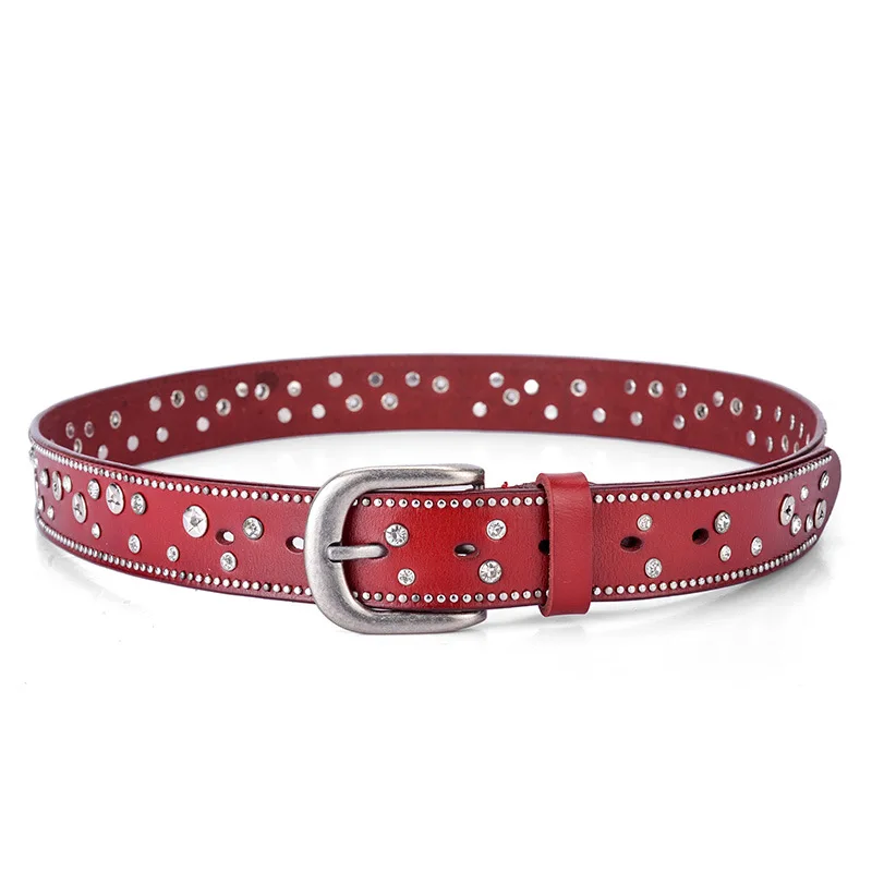 

Four Seasons Fashion Women Belt Real Leather Rivet Crystal Stone Inlaid Pin Buckle Casual Versatile Pants Skirt Collocation