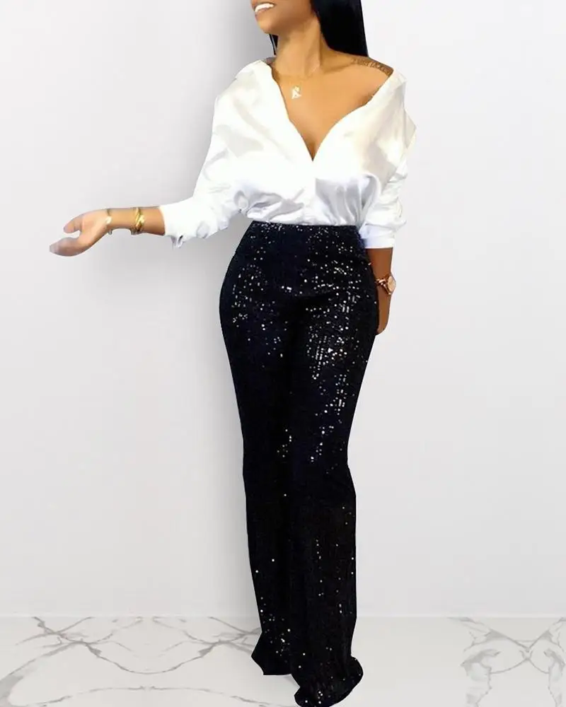 Sequins High Waist Wide Pants Woman Glitter Silver Black High Waist Trousers for Female Party Dance Flared Legs Pants
