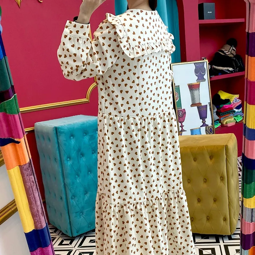 

South Korea Ins Childlike GIRL'S Heart Printing Tree Fungus-like Lacework Peter Pan Collar Long below the Knee Slimming
