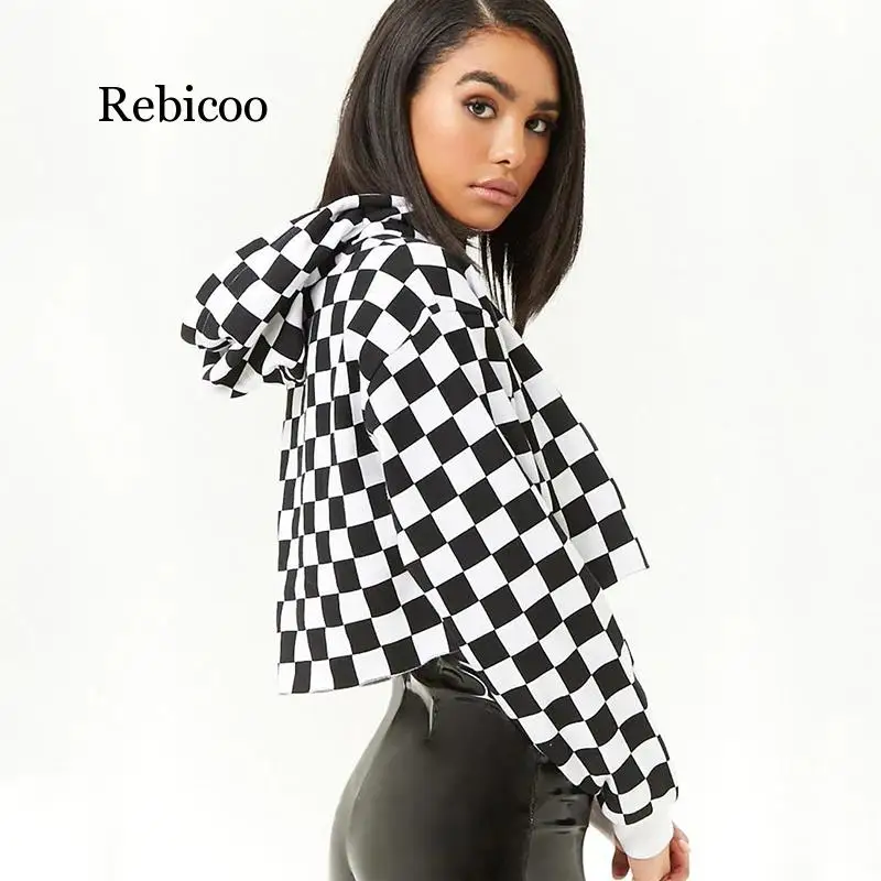 Осенняя Толстовка Harajuku Женская толстовка женские черные белые клетчатые