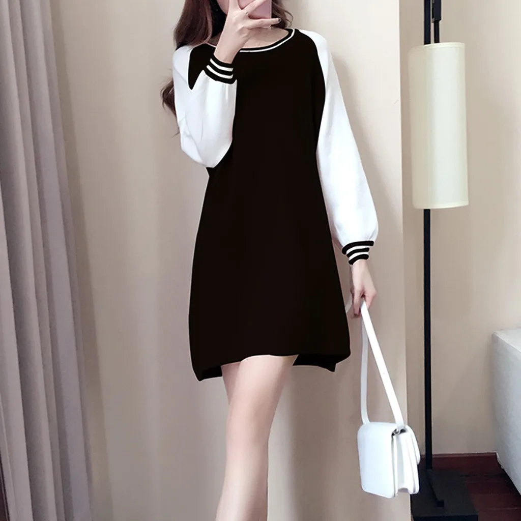 Женское осеннее платье с круглым вырезом повседневное свободное короткое