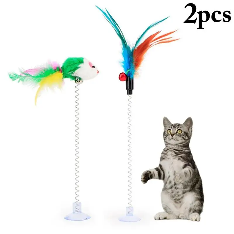 

Legendog 2Pcs/Set Cat Teaser Wand Faux Feather Mouse Shape Bell Decor Spring Suction Cup Cat Wand Toy Pet Supplies Random Color