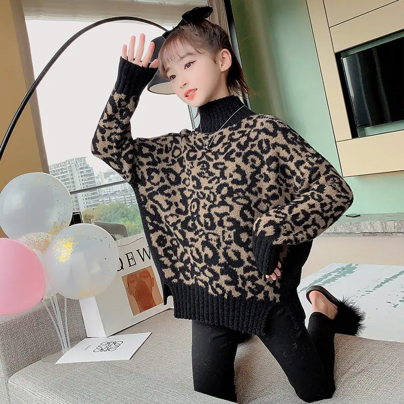 Фото Водолазка для девочек с леопардовым принтом свободный свитер в Корейском стиле
