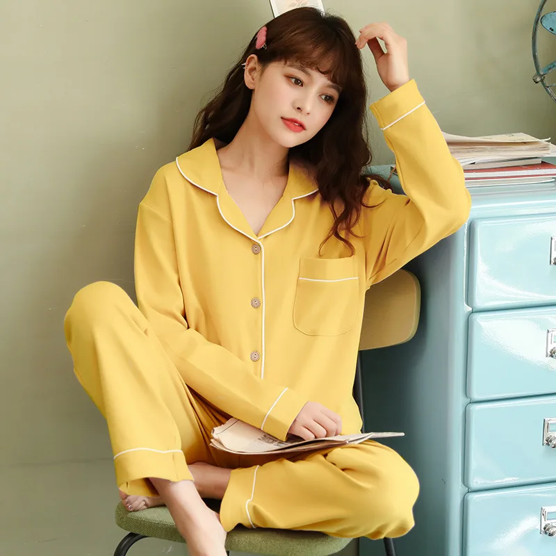 

Autumn Pajamas Women's Cardigan Pajamas Womens Cotton Lapel Solid Color Homewear Long-sleeved Ladies Home Suit Lounge Set