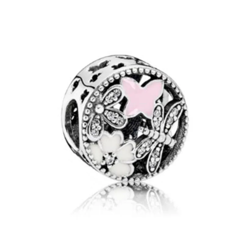 

100% 925 Sterling Silver Pink Enamel With Crystal Butterfly Flower Beads Fit Pandora Women Bracelet & Necklace Diy Jewelry