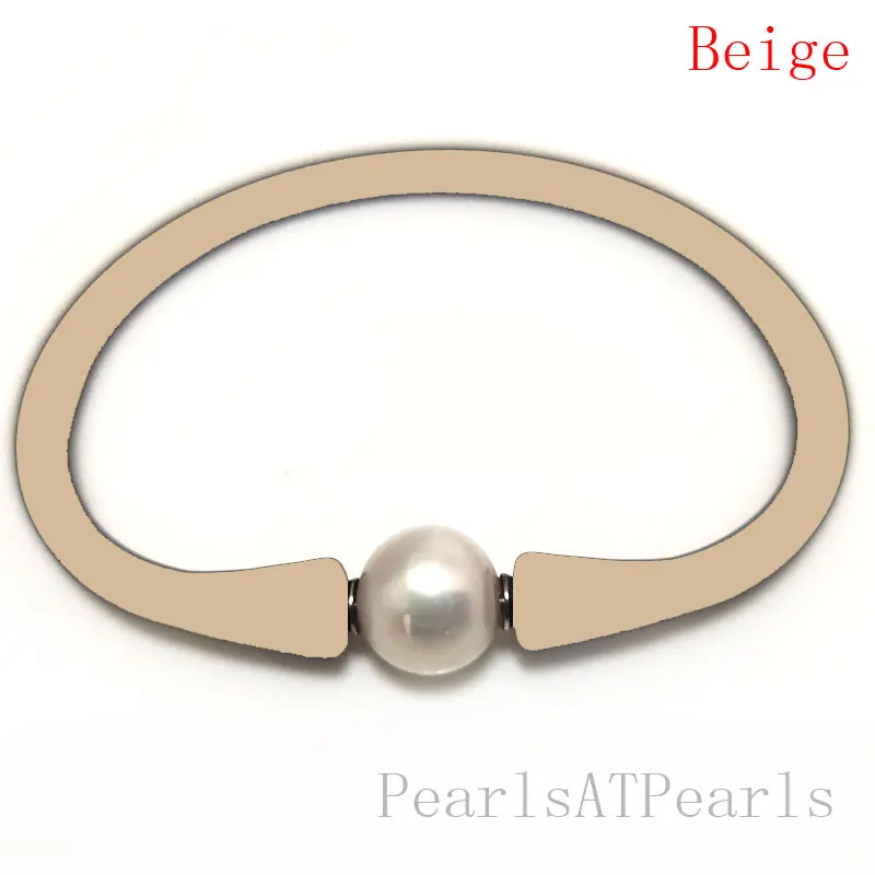 

7 inches 10-11mm One AA Natural Round Pearl Beige Elastic Rubber Silicone Bracelet For Women