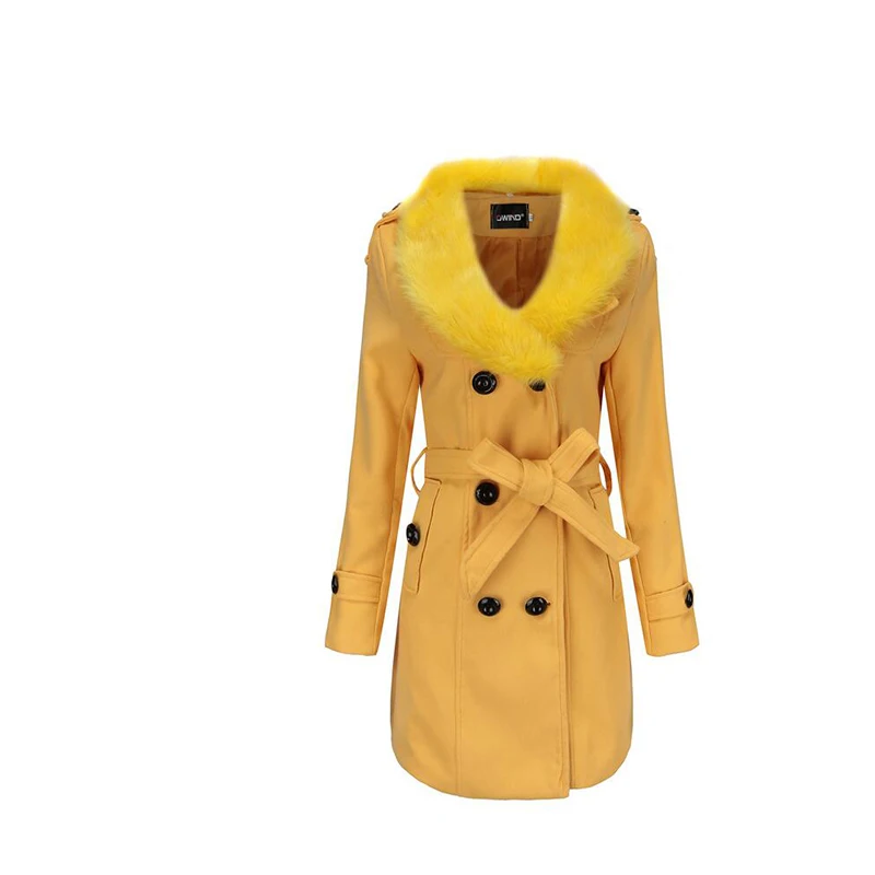 Большие размеры зимнее шерстяное пальто с меховым воротником облегающее