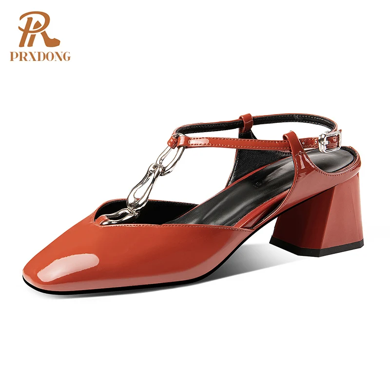 

2021 New Genuine Cow Leather Shoes Sandals Fashion High Heels Square Toe T-Strap Party Wedding Shoes Summer Shallow Women Pumps