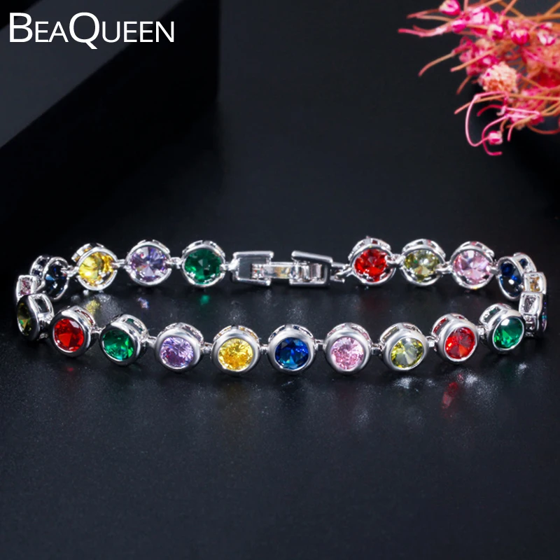 BeaQueen, модный серебряный цвет, 5 мм, Круглый CZ Кристалл, женские теннисные браслеты, много цветов, камень, установка цвета, ювелирные изделия B144