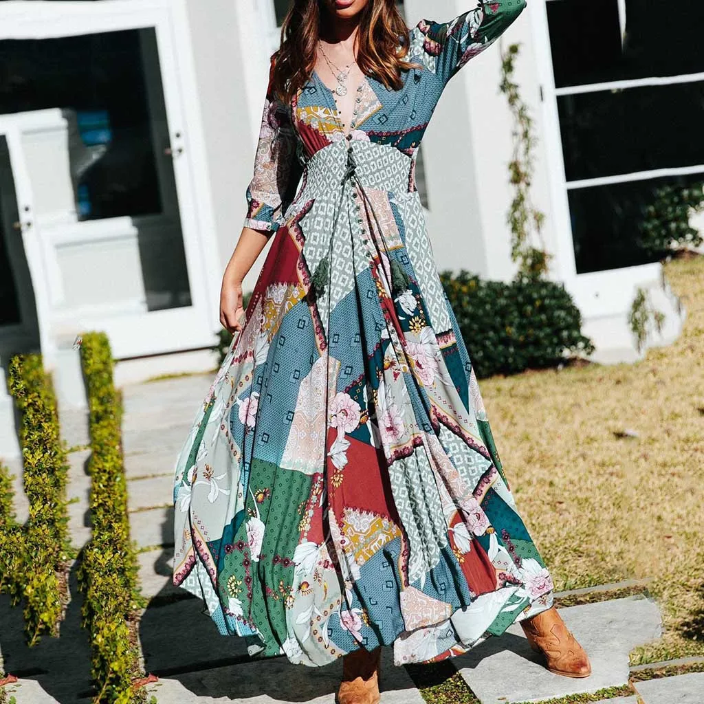 Женское платье 2019 весна осень новое женское длинное с коротким рукавом и принтом