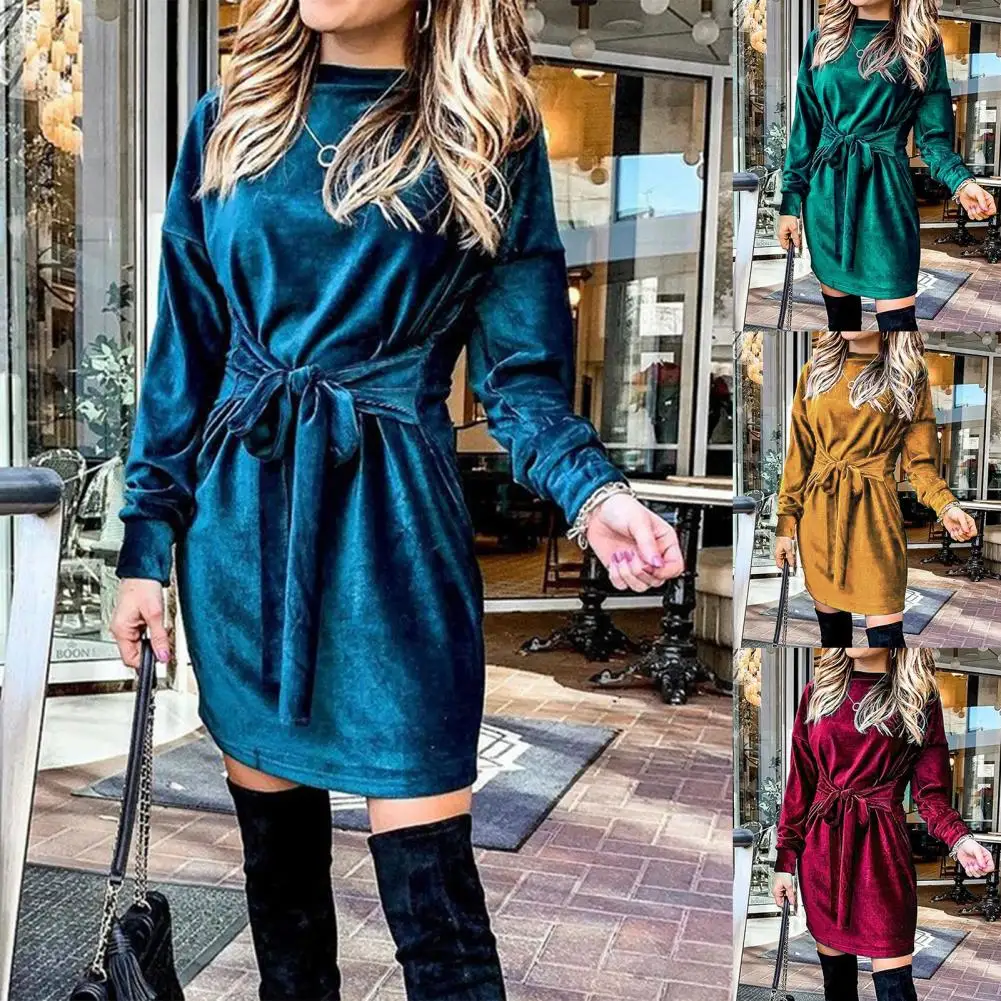 

Women Dress O Neck Long Sleeve Solid Color Velvet Belt Bandage Loose Sweatshirt Dress woman fashion 2021 elegant summer