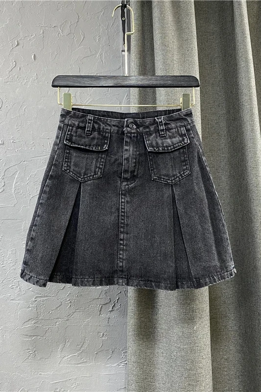 

2021 Summer High Waist A Line Skirt Women's Slimming Front Pocket Pleated Korean Denim Skirt Female A Line Casual Skirt