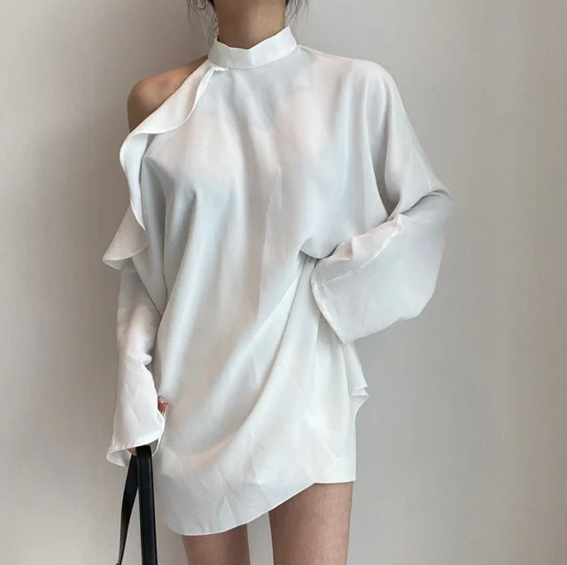 

COIGARSAM Ruffles blouse women blusas womens tops and blouses White Black 2374
