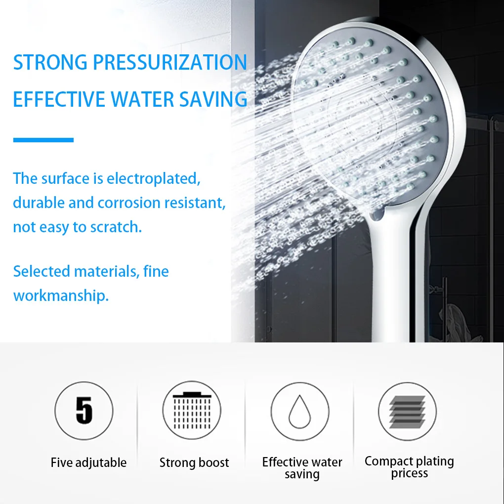 

Shower Head Chrome Finish Surface 5 Mode Setting Rainfall Hand Spray Pressurize Water Saving Bath Sprayer