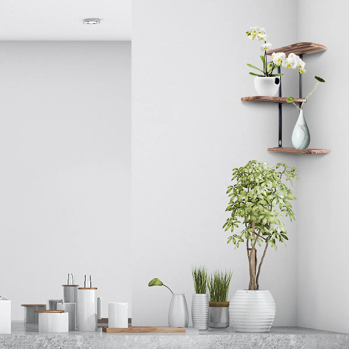 

Costway Wall Corner Shelves 3-Tier Rustic Wood Floating Multi-purpose Storage Shelves