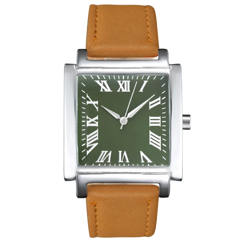 Прямоугольные модные мужские часы зеленые повседневные кожаные кварцевые с