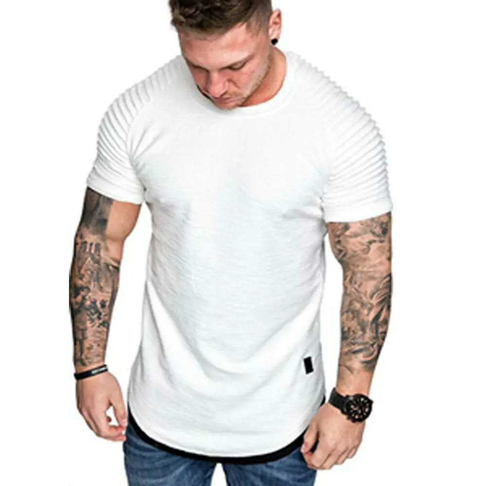 

2021 neue manner T-Shirts Plissee Faltig Slim Fit O Hals Kurzarm Muscle Feste Beilaufige Tops Shirts Sommer basic Tee t shirt
