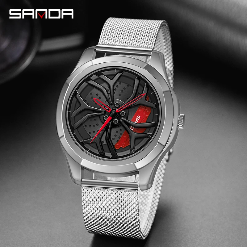 

SANDA New Mens Unique Rim Watch Hub Custom Design Sports Car Rim Watch Waterproof Creative Watch Mens Wheel Wristwatch Clock