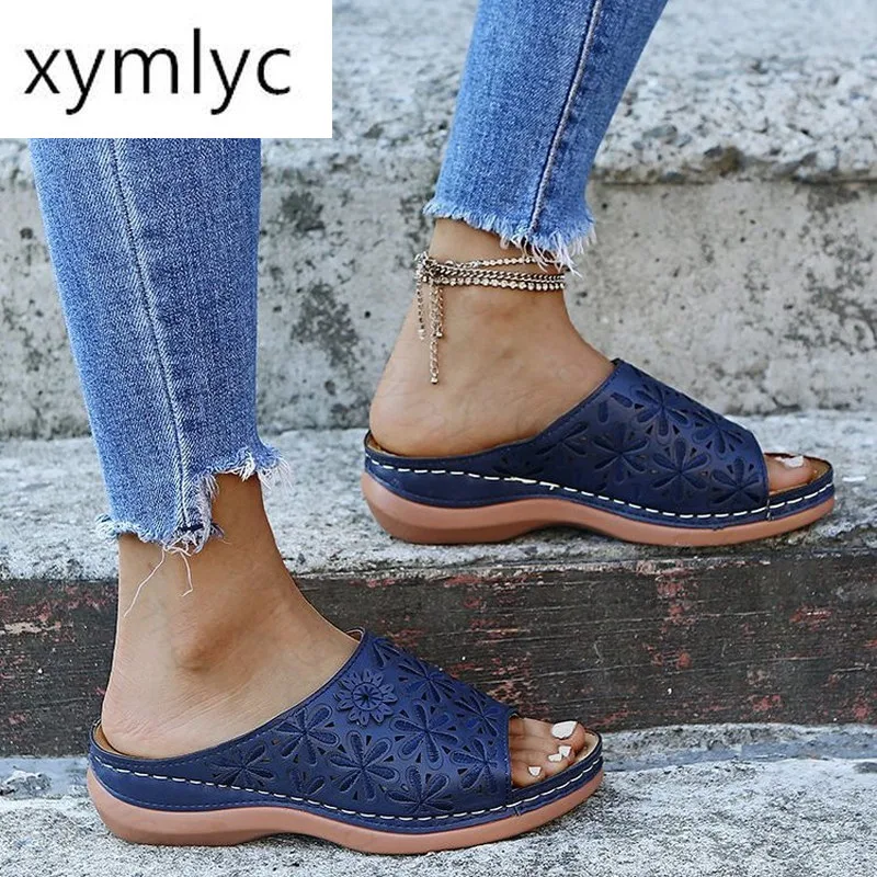 

Slippers Women Shoes PU Leather Flower Wedges Sandals Woman Casual Flip Flops Sewing 2021 New Summer Beach Ladies Shoes