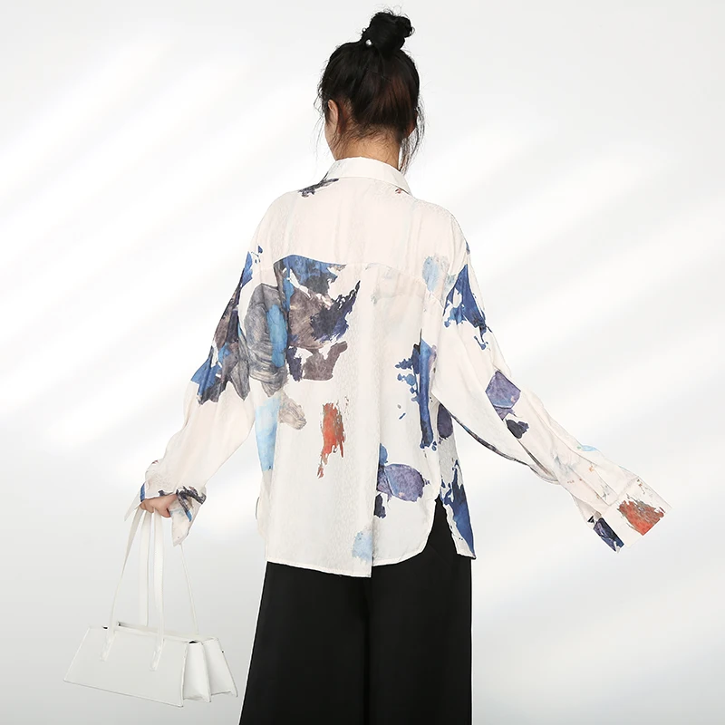 

retro EAM women's design printed large shirt Lapel new long sleeve loose shirt fashion spring autumn 2021 1z06100