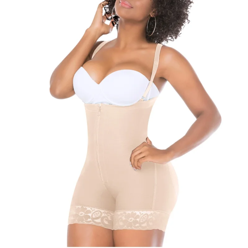 

Fajas Mujer Women Butt Lifter Beige Black Lace with Adjustable Straps Zipper Front Closure Shapewear Tommy Control Mid Thigh