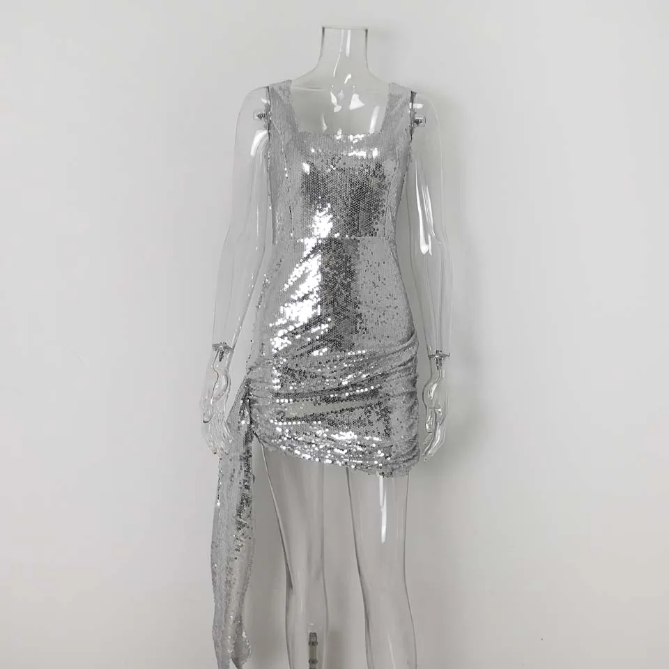 Silver Dress Karlofea/Женская Яркая юбка с блестками; элегантные шикарные Короткие вечерние наряды с рюшами; облегающая юбка с запахом; блестящая Великолепная одежда для дня рождения - Цвет: Silver Dress