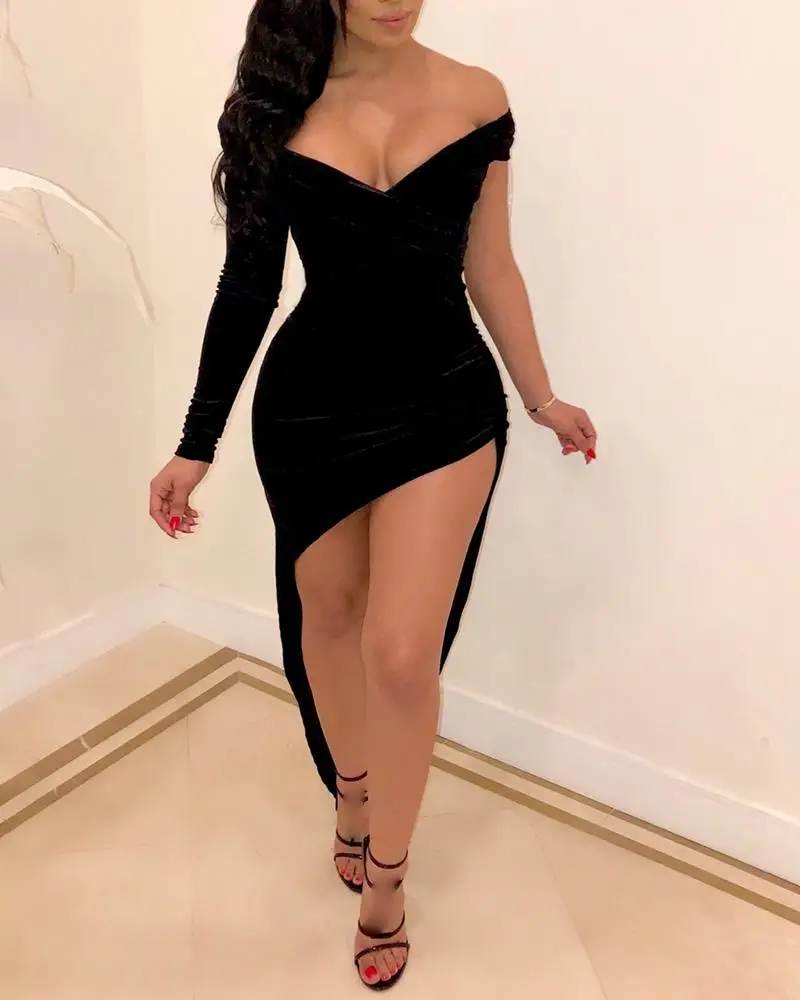 

Women Fashion Sexy off Shoulder Black Party Club Dress Irregular Bodycon Dress