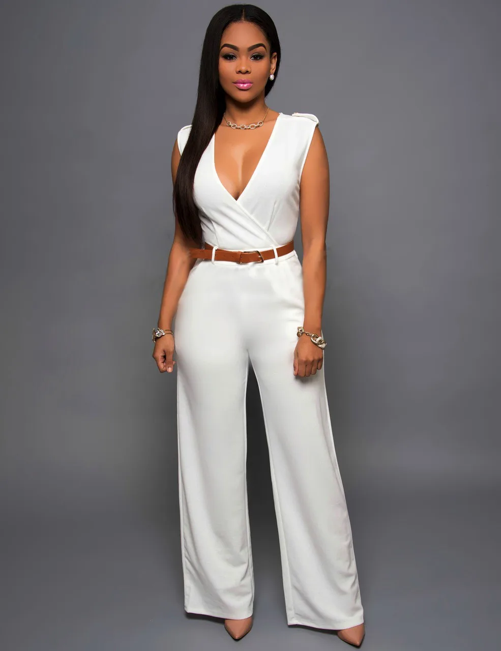 

2021 sexy high waist V-neck wide-leg pants irregular suit with belt
