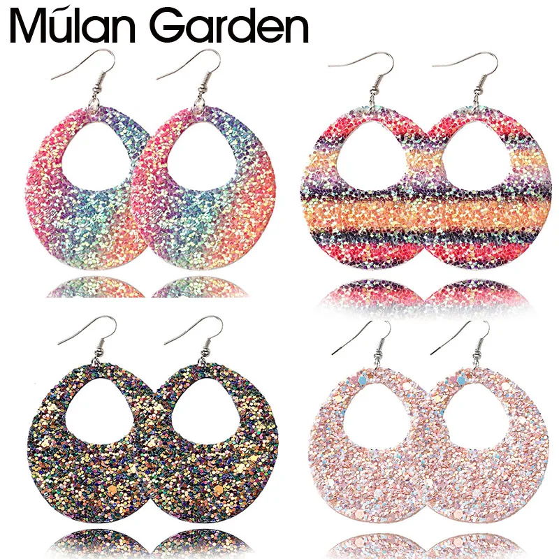 

M&G Double Side Faux Leather Earrings for Women Hollow Circle Glitter Pendant Dangle Earrings New Year Gift Jewelry Accessories