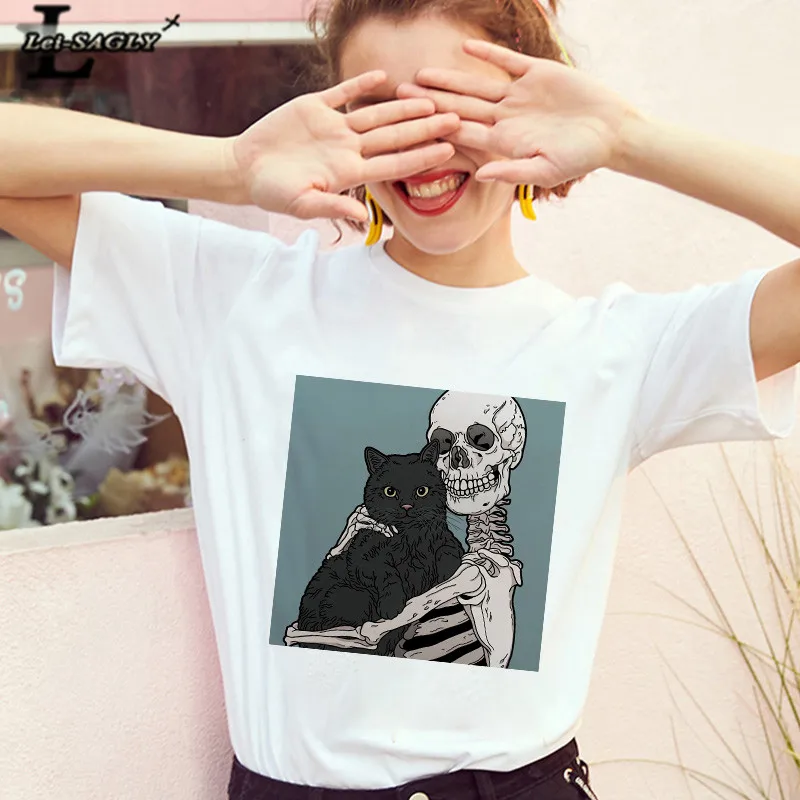 

Lei SAGLY 2021 Skull and Cute Cat Women T Shirt Harajuku Female Gothi
