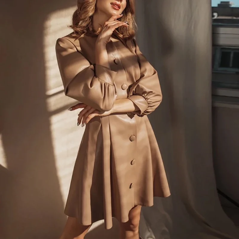 

Autumn Sweet Lantern Sleeve A-line Dress Spring Female Single Breasted O Neck Solid Elegant PU Leather Party Dresses For Woman