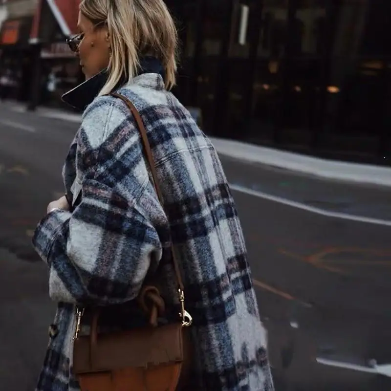 2019 женское осеннее клетчатое шерстяное пальто на пуговицах большой размер