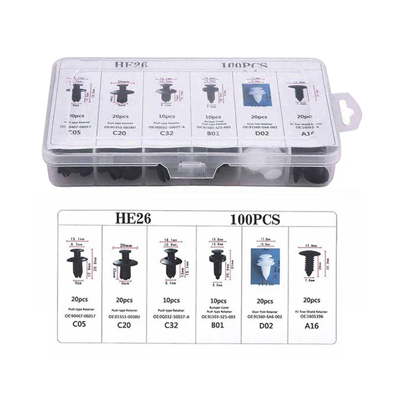 6 размеров 100 шт. универсальные разнообразные автомобильные крепежные зажимы для