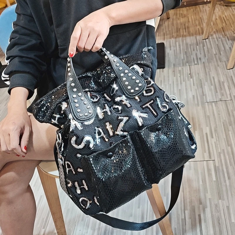 

Shining Sequines Women's Handbag Large Capacity Totes Soft Leather Letter Print Bolso Mujer Fancy Frills Tote Sac De Luxe Femme