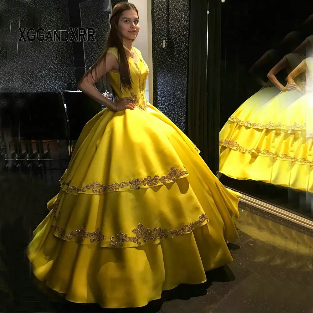 

Luxury Yellow Quinceanera Dresses 2022 Birhtday Party Ball Gown Satin Layers Beading Princess Sweet 15 16 Dresses Custom Made