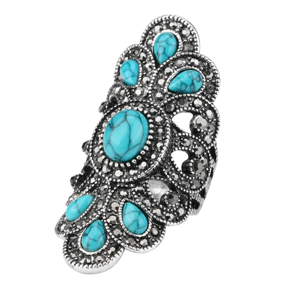 

2020 Luxury Antique Ring For Women Vintage Look Blue Resin Jewelry Bohemian Silver Color Inlay AAA Gray Crystal Charm Punk Ring