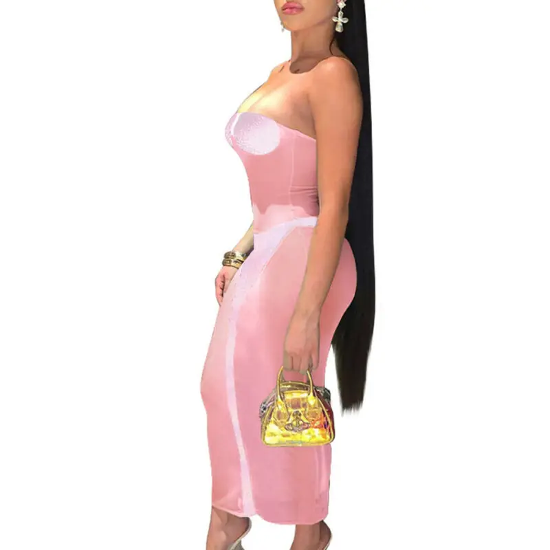 

Women Mesh Stitching Wrapped Chest Backless Midi Dress Summer Fashion Dresses