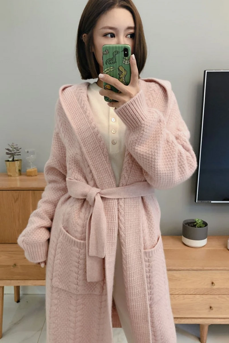 

"Women 's Cardigan Long Sweater Fashion V - neck Cashmere Hoodie Thicken Lazy Style Long Sweater Cable Loose Long Knit Cardigan