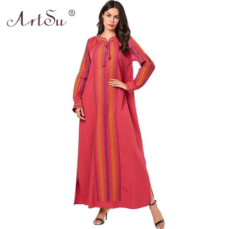 ArtSu Autumn Winter Long Sleeve Loose Plus Size Black Robe Femme Women Tassel Geometric Embroidery Retro Ethnic Red Dress | Женская