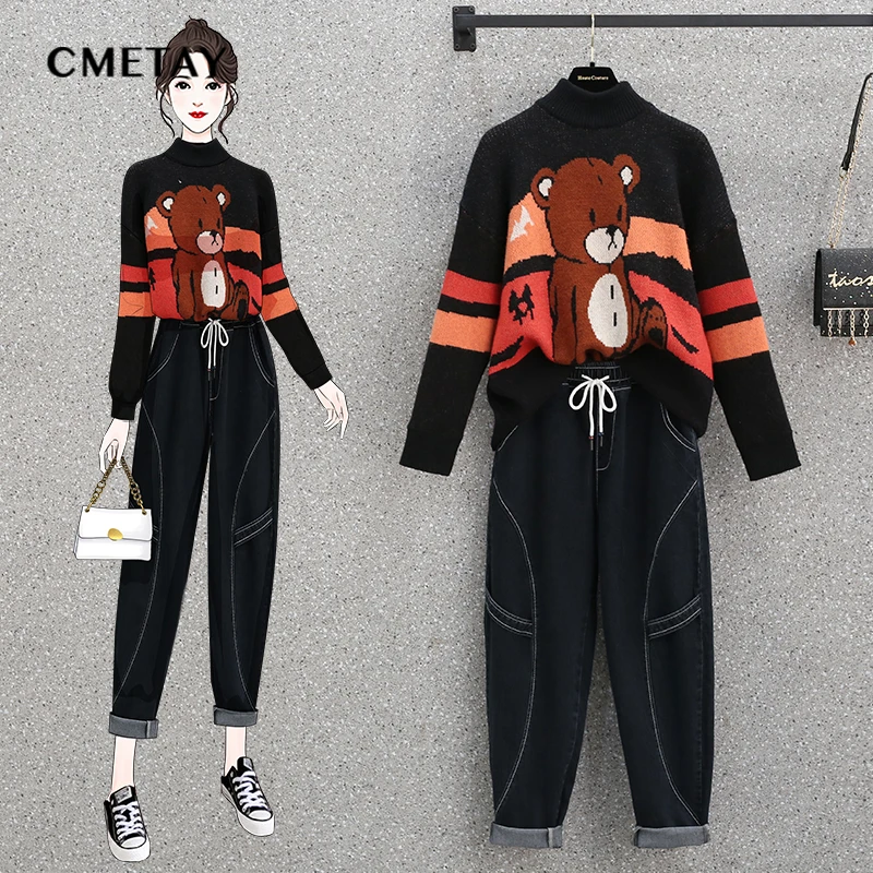 

Autumn Casual Suit Women 2021 New Spring Loose Turtleneck Cartoon Bear Pullover + Loose Wide-Leg Jeans Fashion 2-Piece Set