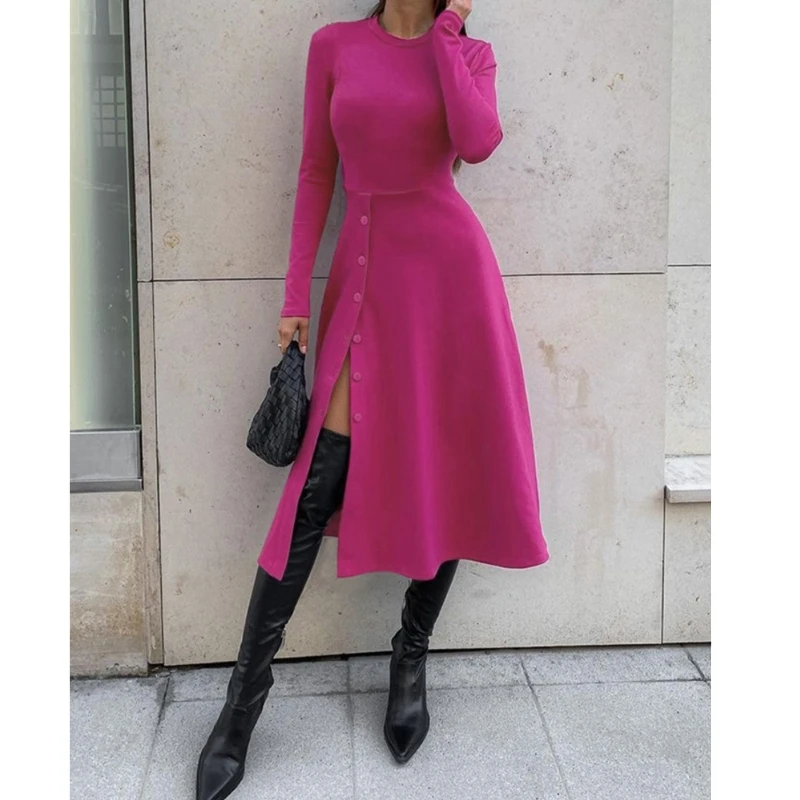 

Women High Waisted Side Button Slit Dress Sexy Knitted Close-Fitting Mid-Calf Spring Fall Winter Party All-Match Dress Long Slim