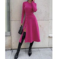 women high waisted side button slit dress sexy knitted close fitting mid calf spring fall winter party all match dress long slim