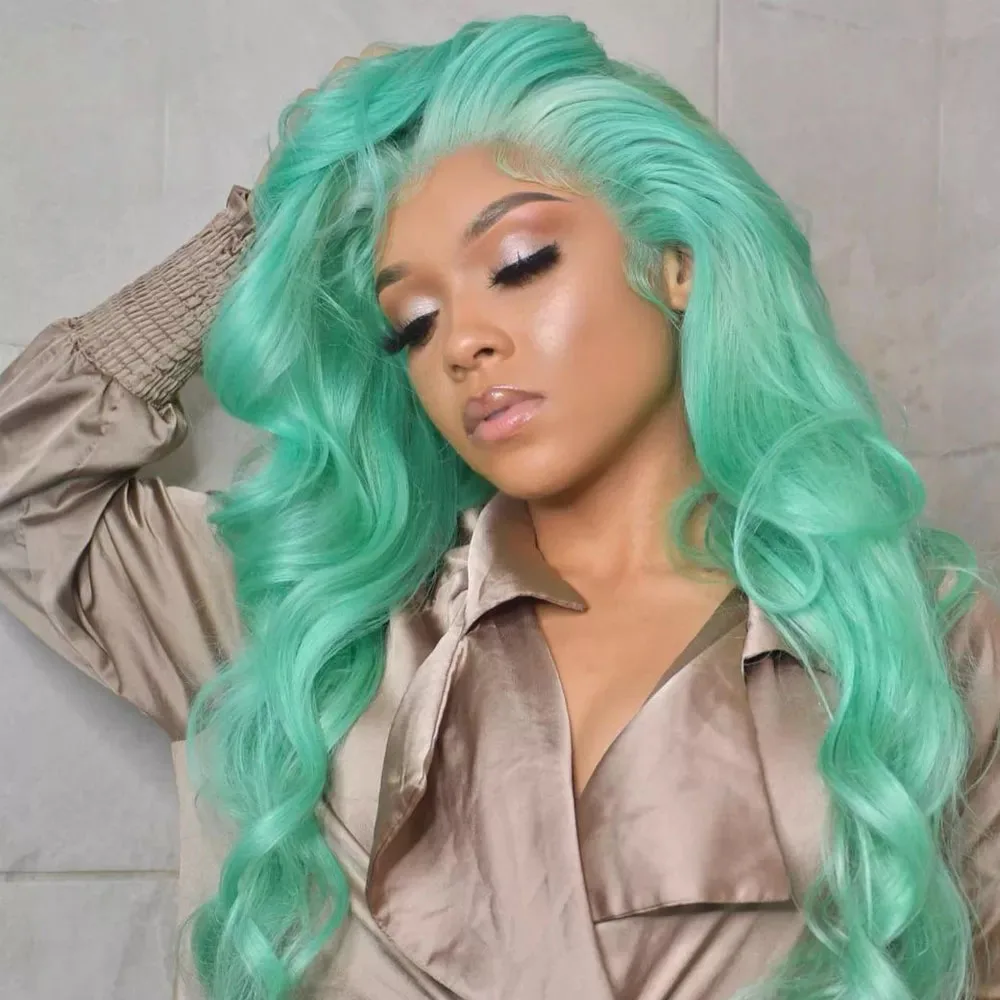 

Mint Light Green Synthetic Transparent Lace Front Wigs Long Wavy Natural Hairline Glueless Heat Resistant for Cosplay Party