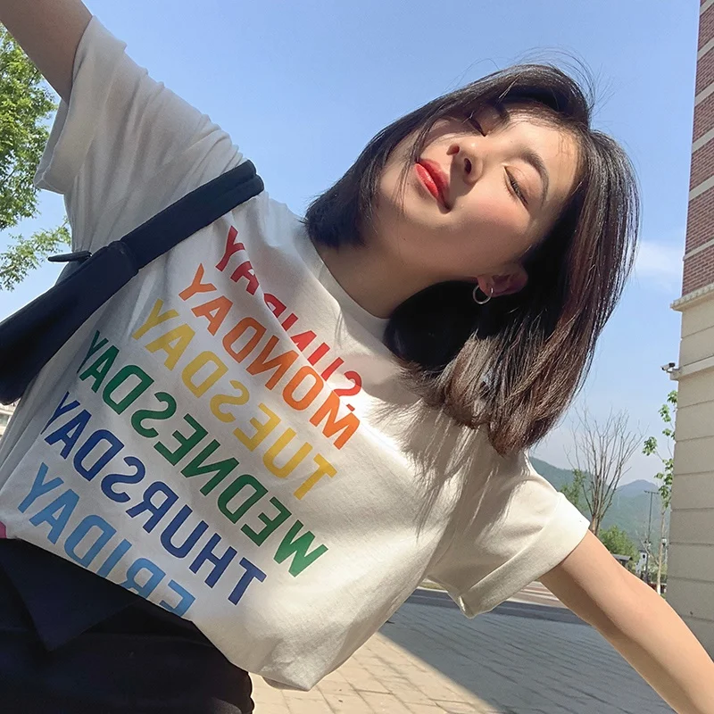 

Summer Fashion Shirt Rainbow Letter Print T Shirt Women Tops Base O-neck White Tees Loose Funny Girls Tshirt L1815