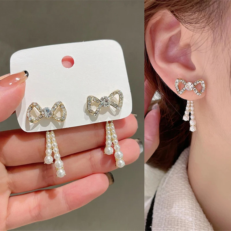 

Exquisite Rhinestone Zircon Bowknot Pearl Tassel Pendant Drop Earrings for Women Girls Teens Pearls Earrings 2021 Trend Jewelry