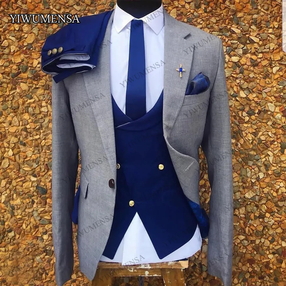 

YIWUMENSA 3 Pieces Gray Wedding Tuxedo for Men Formal Suits Set Jacket Single Breasted Blazer With Royal Blue Pants Male H46