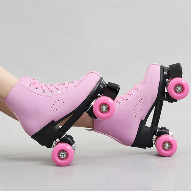 

Artificial Leather Roller Skates Double Line Skates Women Men Adult Two Line Skate Shoes Patines Black Pink Pu 4 Wheels Patins
